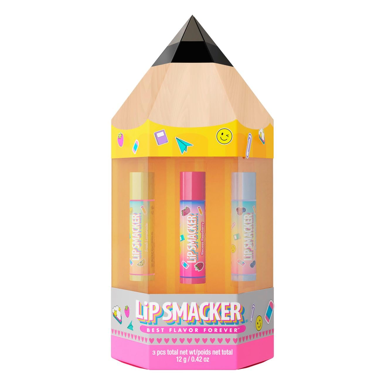 Lip Smacker Back to School Collection Pencil Box Lip Balm Trio, 3-Piece Kids Gift Set in Cute Pencil-Shaped Package