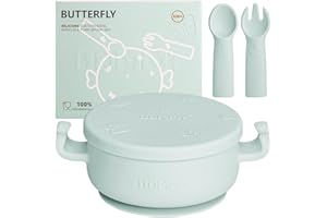 Dommy Butterfly Silicone Bowls For Baby with Suction, Toddler Bowls with Leakproof Premium Lid and Fork Spoon Set, Soft, Safe, BPA-Free, Food Grade, Dishwasher & Microwave Safe, 6M+, Green