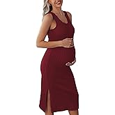 Ekouaer Women's Maternity Dress Rib Knit Sleeveless Tank Side Slit Bodycon Dresses Pregnancy Clothes S-XXL