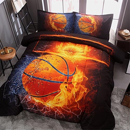 Basketball-themed microfiber comforter set on a bed, priced at $79.99 with a discount down to $40.60 as of August 9, 2023.