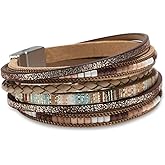Leather Wrap Bracelets for Women, Boho Leopard Multi-Layer Crystal Beads Cuff Bracelet – Adjustable Handmade Jewelry with Gold Beads, Lightweight & Elegant Gift for Her