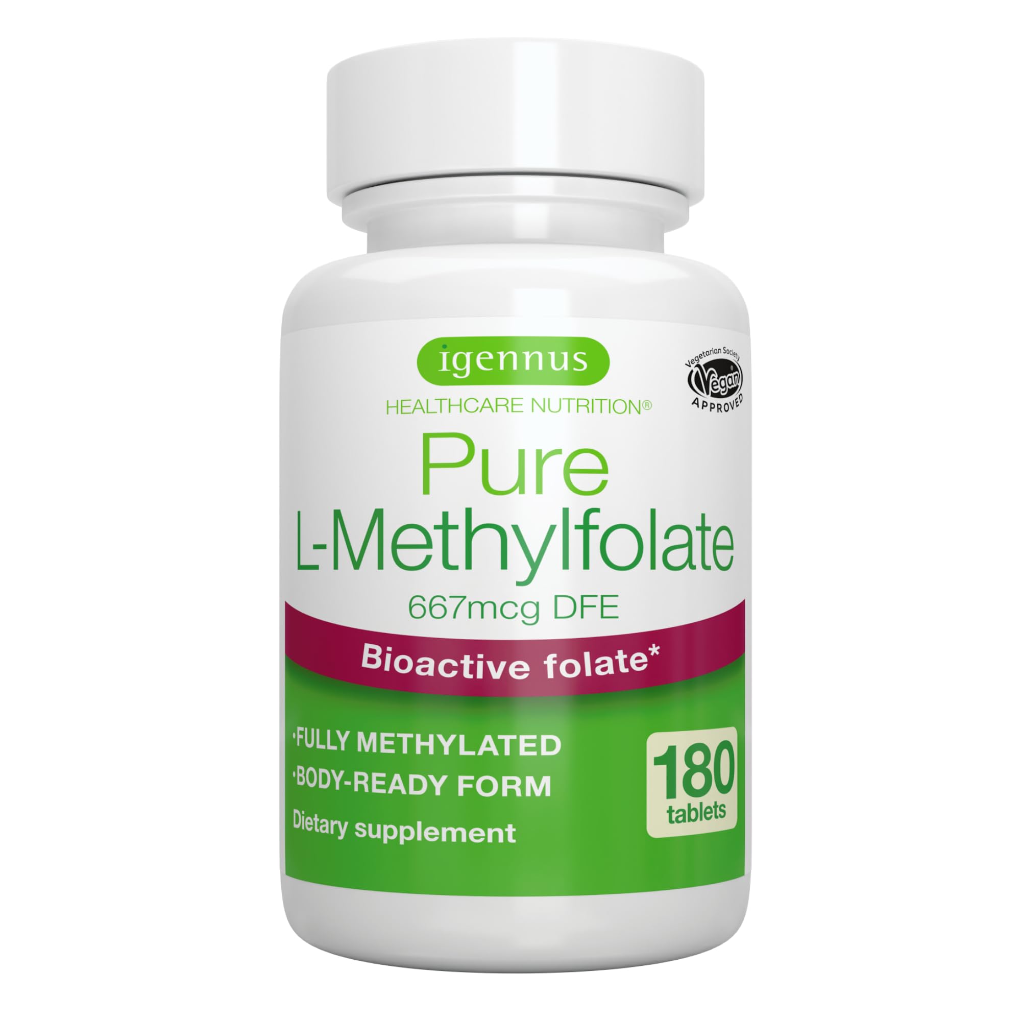 Igennus Pure Methyl Folate 400 mcg, 180 Tablets, Clean Label, Methylated Form of Folic Acid 5-MTHF (Vitamin B9), Vegan, Suitable for Pregnancy, One-a-Day, 6 Month Supply