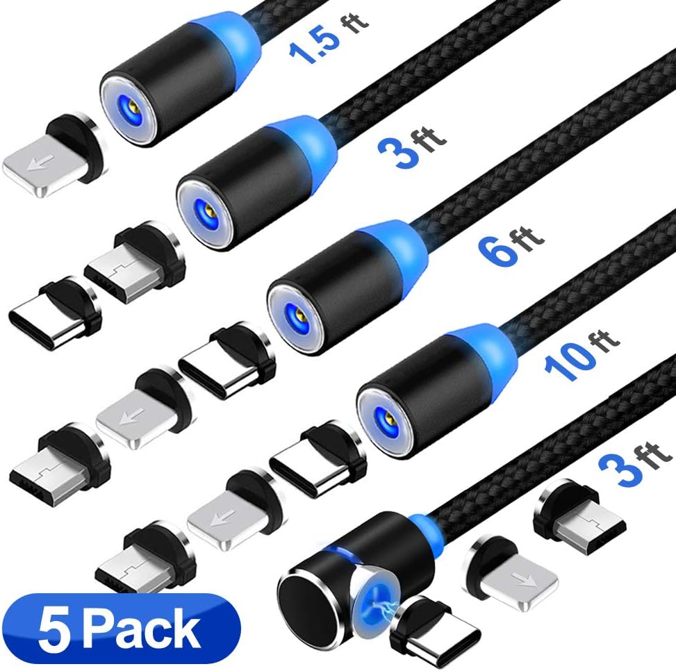 3 in 1 Magnetic Charging Cable, (5-Pack,1.5ft/3ft/3ft/6ft/10ft), Compatible with Mirco USB, Type C Smartphone and iProduct Device (Black)