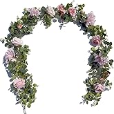 Artificial Flower Garland，6.5Ft Fake Dahlia Rose Flowers Garland Floral Eucalyptus Greenery Vine for Wedding Arch，Table Runner Centerpieces Backdrop Room Wall Hanging Plant Decor（Pink）