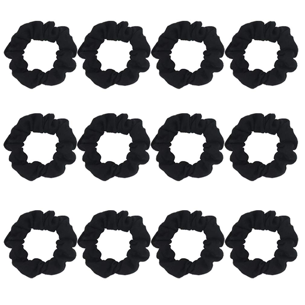 Pack of 12 Cotton Hair Scrunchies Single Jersey Solid Color Ponytail Holders Hair Ties for Girl (Black)