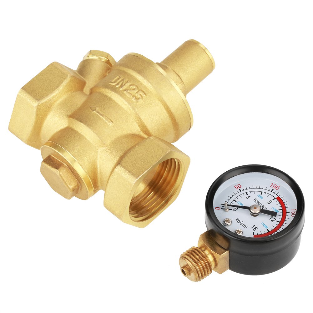 Vikye DN25 32mm Pressure Regulator, Brass Adjustable Water Pressure Reducing Regulator Reducer+Gauge Meter 1.6Mpa
