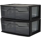 HOMZ 1 Drawer Storage Cart, Wide Plastic Container, Black Frame, 2 Pack | 15" Wide Body Tote with Smoke Tint Drawer for Organizing Bathrooms, Bedrooms, and Offices