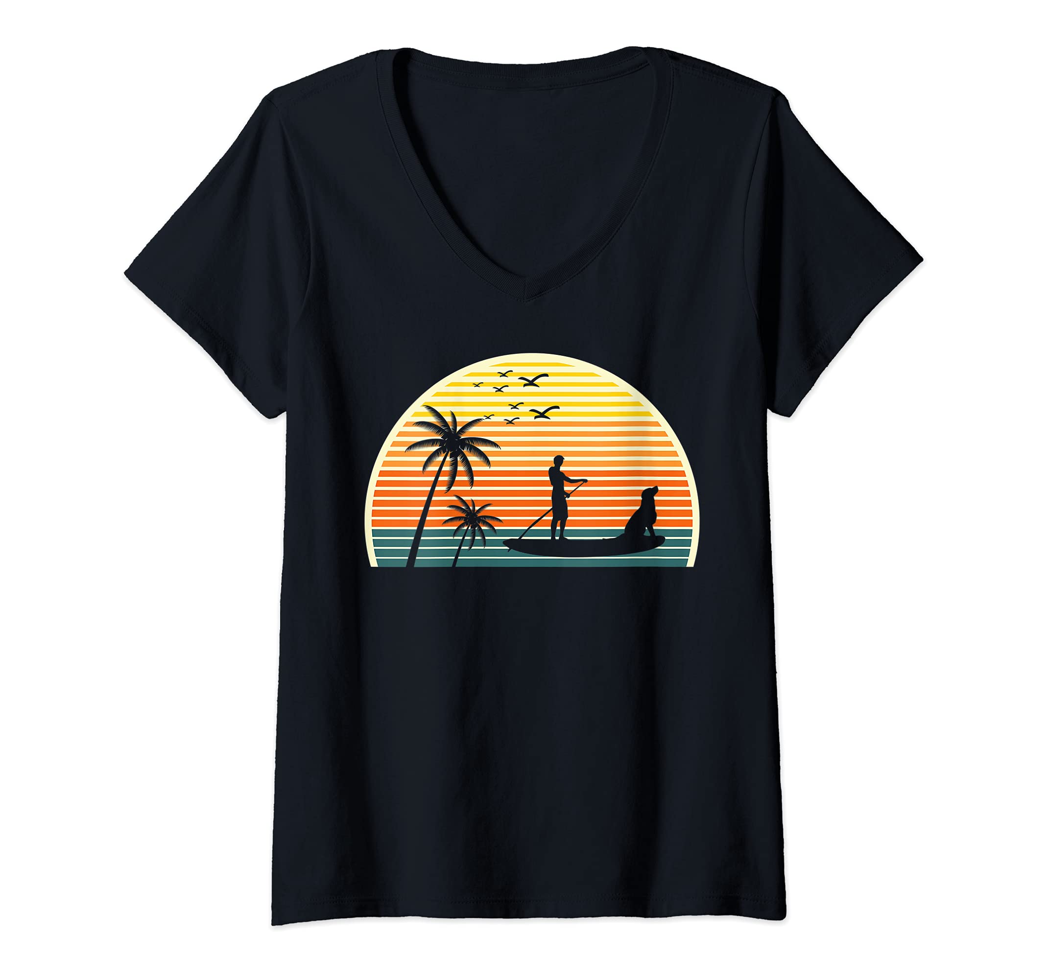 Womens Sunset SUP Water Sport Paddleboarder Dog Stand Up Paddling V-Neck T-Shirt