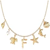 NEKOL Initial F Charm Necklace For Women, Boho Gold Summer Beach Surfer Letter Necklace Starfish Seashell Pearl Turtles Dolphin Charms Pendant, Trendy Pendant Alphabet Choker Necklace Jewelry Gifts