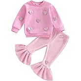 Twopumpkin Baby Girl Valentines Day Outfit Toddler Girls Valentines Sweatshirt Ribbed Bell Bottoms Falre Pants Clothes Set