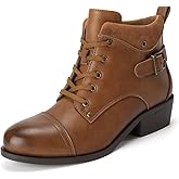 Athlefit Women's Short Ankle Boots Chunky Low Heel Round Toe Boots Comfortable Lace Up Booties with Side Zipper
