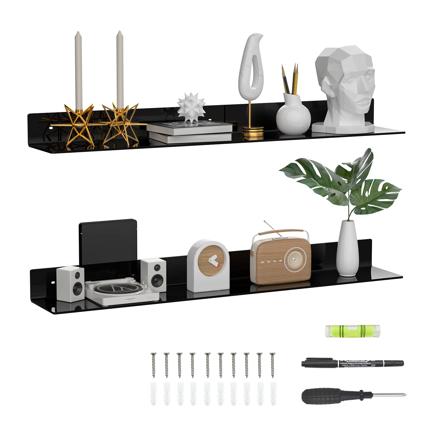 Sezanrpt 36 Inches Acrylic Long Wall Shelf Set of 2, Black Wall Mounted Acrylic Bathroom Storage Shelves Display Organizer, Floating Shelf for Bottle Oragnizer, Spice, Wine, Toys, Controller, Cup