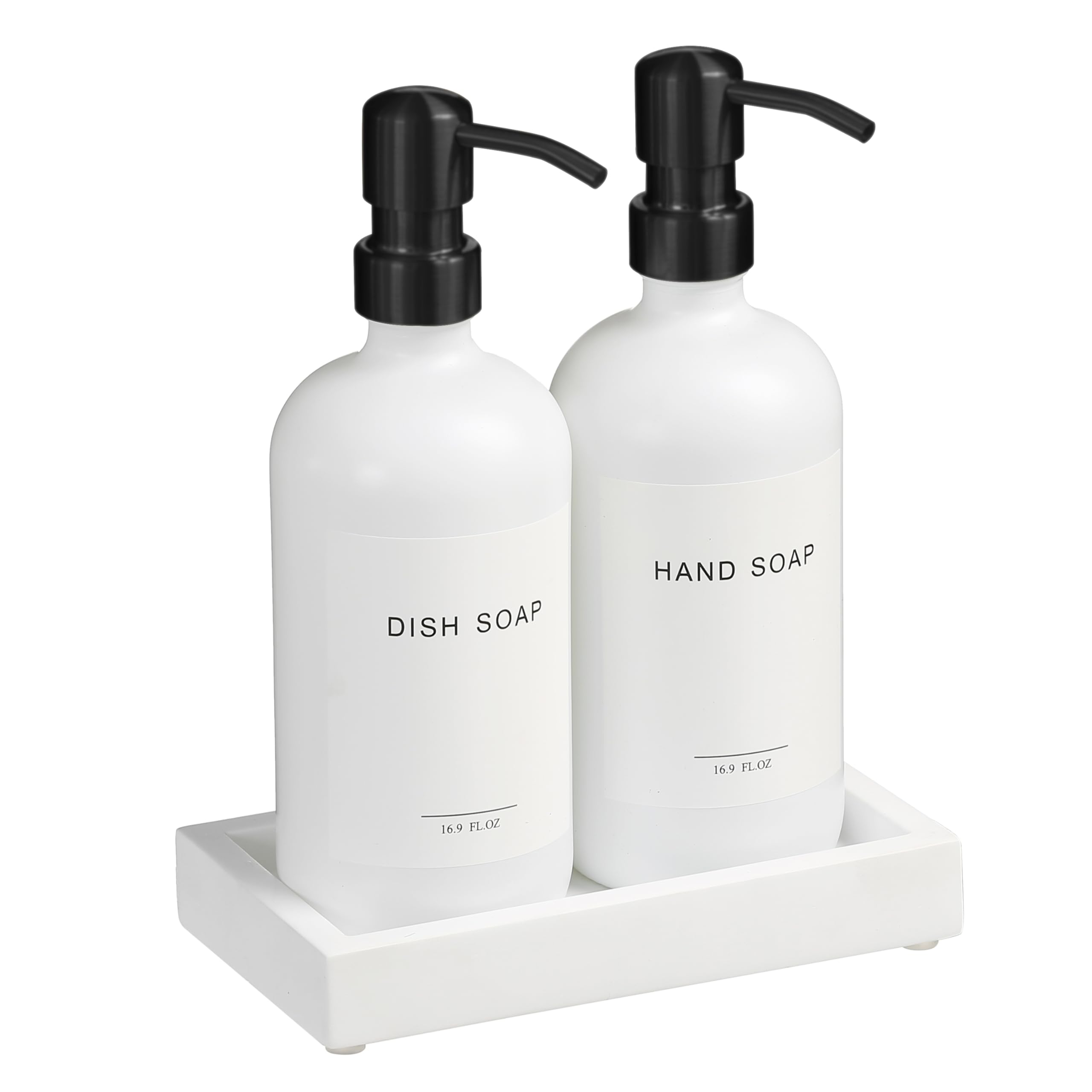 Glass Soap Dispenser with Pump and Concrete Tray | Vintage Soap Dispenser Bathroom and Kitchen Set with Dish Soap, Hand Soap, Lotion Waterproof Labels (White Bottles/White Tary) — image 1