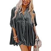 Melliflo Velvet Tops for Women Button Down T Shirt 3/4 Sleeve Tunic Tops Casual Lapel Babydoll Mini Dress