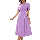 Allegra K Summer Dress for Women Short Sleeve Crew Neck Tie Waist A Line Elegant Work Party Midi Dress