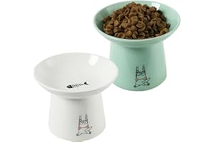 OMAYKEY 6.5 Inch Extra Wide Raised Cat Bowls, Ceramic Elevated Cat Bowl for Food and Water, Wide Shallow Cat Food Dish, Whisker Fatigue, Protect Spine, Lead & Cadmium Free, White & Green