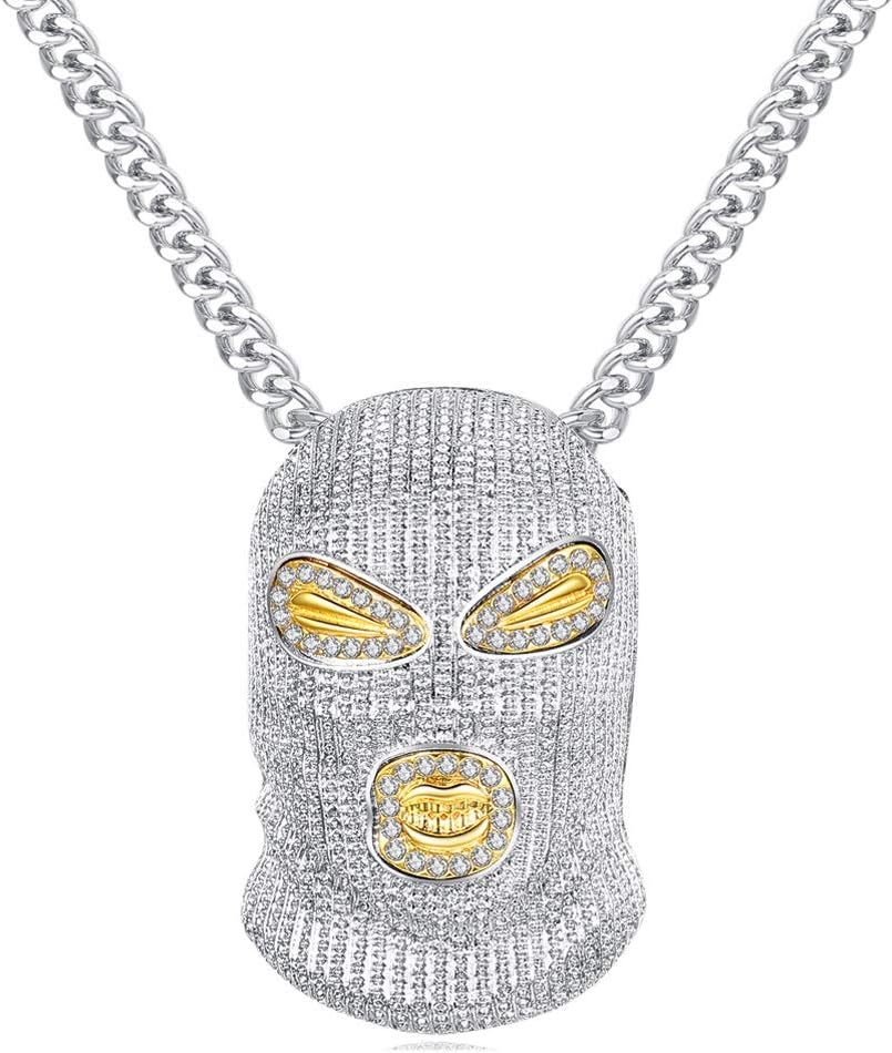 Hip Hop Nightclub Bars Plated Bling Crystal Out Mask Pendant Cuban Chain Necklace