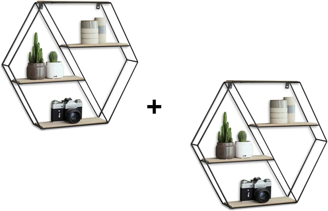 LIFA LIVING Pack of 2 Hexagon Wall Shelf Unit, Wooden & Black Metal Mounted Shelving, Pre-assembled Decorative Shelves, 4 Tier Floating Shelf, 51x11x58 cm