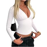 SOLY HUX Women's Deep V Neck Going Out Tops Long Sleeve Slim Fitted T Shirt Crop Top