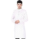 SKAVIJ Men's Cotton Printed Kurta Long Sleeve Knee-Length Shirt with Mandarin Collar