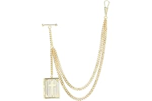 VVCOME Handmade Albert Pocket Watch Accessory Vintage T-Bar Vest Chain with Locket Pendant Silver & 18K Gold Plated Brass Double Link Gift for Dad Husband