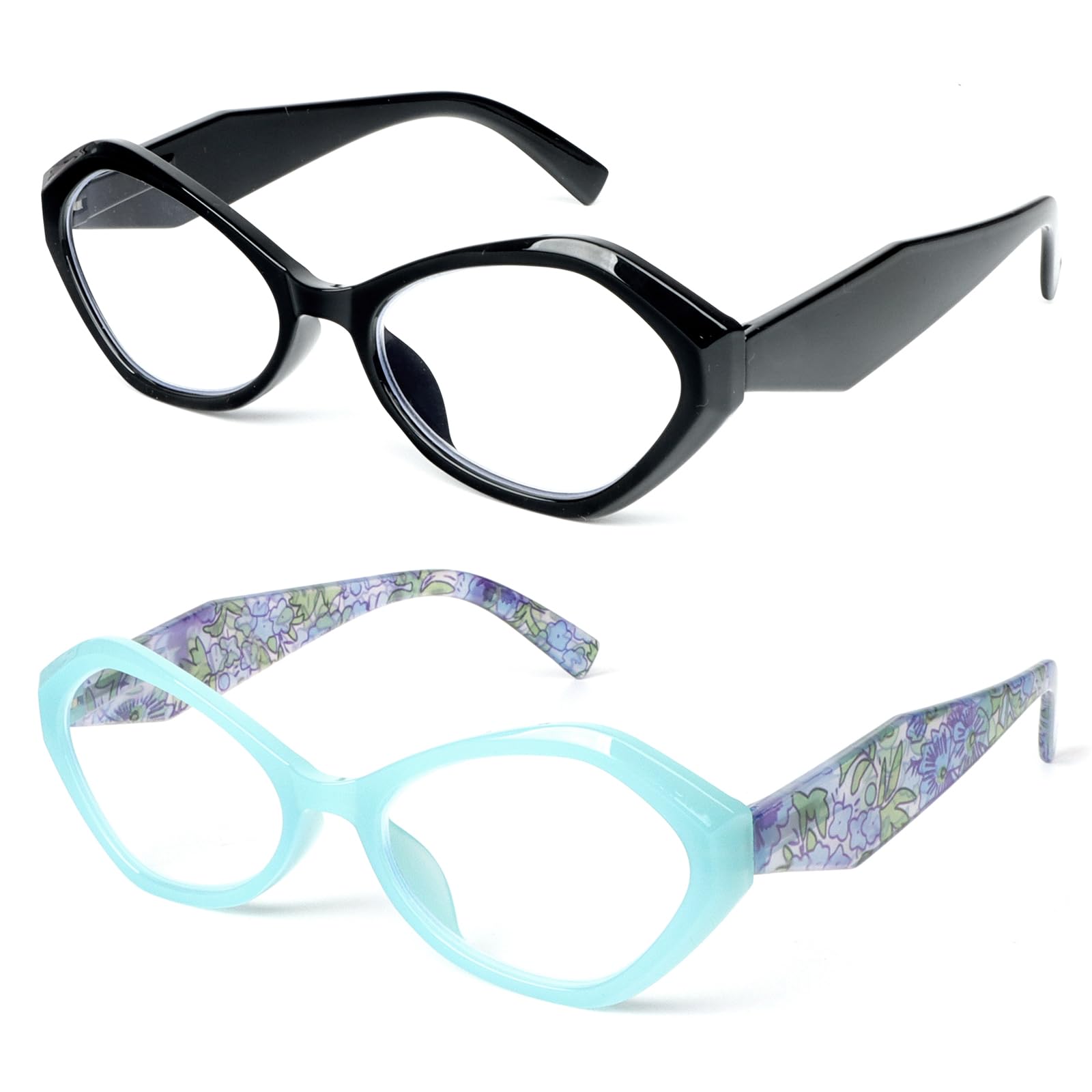 MMOWW Cat Eye Reading Glasses Polygon Stylish Comfortable Glasses Frame with Anti Blue Light for Women (Black+Blue, +2.5)