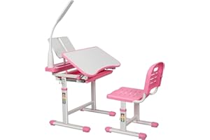 Gowxil Kids Study Desk and Chair Set, Multi Functional Height Adjustable Children School Study Desk with Tilt Desktop, Bookstand, LED Light, Metal Hook and Storage Drawer for Boys Girls, Pink