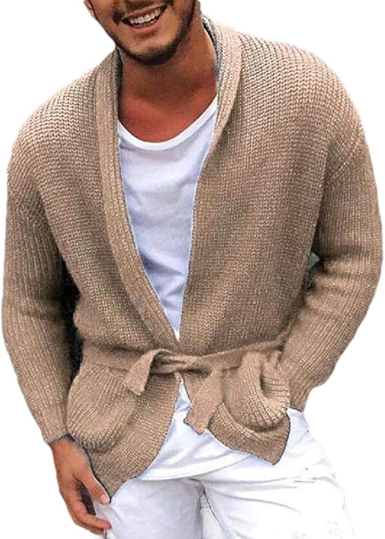 Winter Mens Cardigan Sweaters Long Sleeve Knit Open Front Cardigans with Pocket, Khaki, Small at