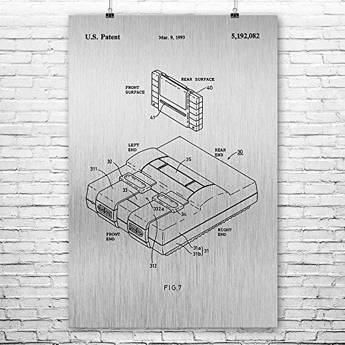 Super Nintendo SNES Video Game System Poster Art Print, Classic Nintendo, Videogame Console, Retro Gaming, Gamer Gift Brushed Steel (24" x 36")