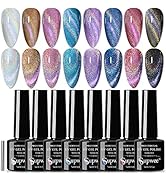 Supwee Rainbow Cat Eye Nail Gel Polish Set Sparkle Holographic 9D Cat Eye Gel Polish Laser Glitte...