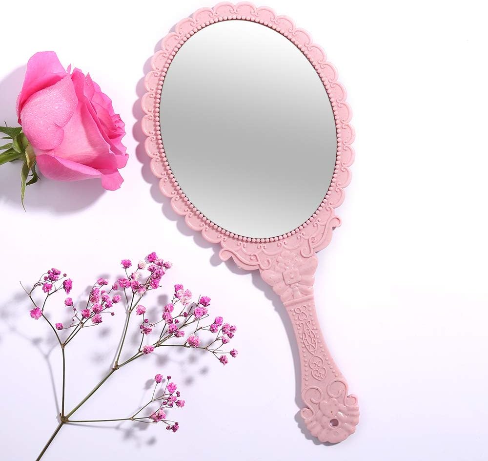 Tinland Hand Mirror with Handle Vintage Handheld Mirror Personal Vanity Makeup Compact Beauty Salon Mirror 9.8x4.5in(Pink): Home & Kitchen
