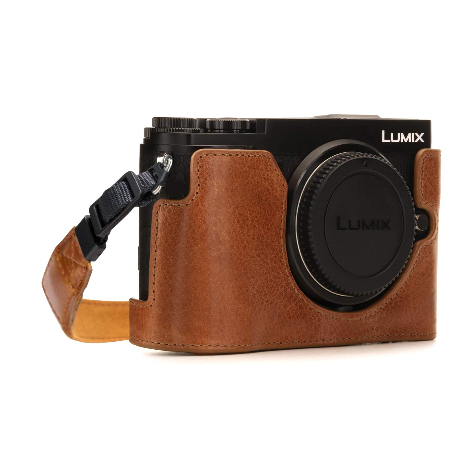 MegaGear MG1443 Panasonic Lumix DC-GX9 Ever Ready Genuine Leather Camera Half Case and Strap - Light Brown