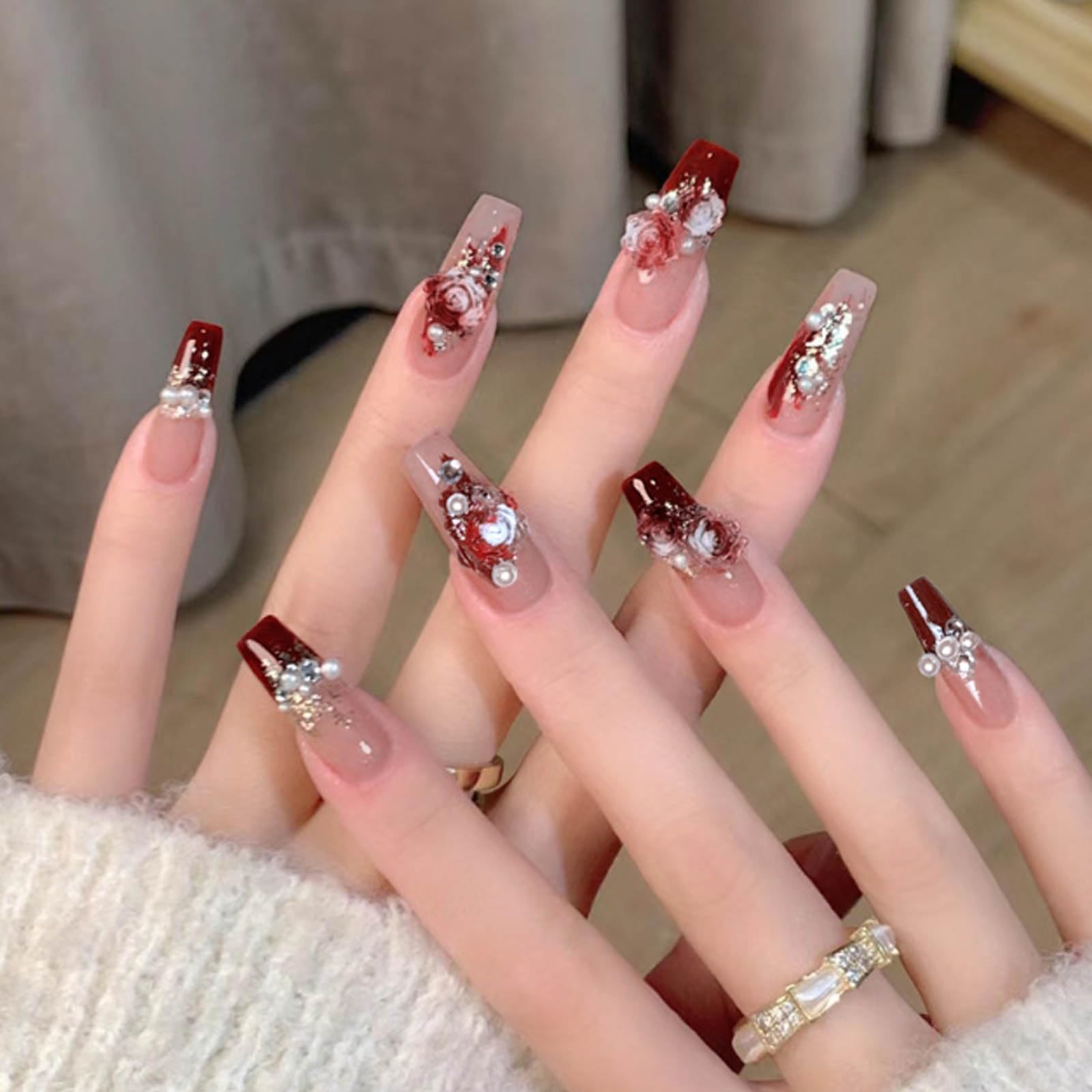 Hkanlre 3D Press on Nails Medium Fake Coffin Nails Tips Full Cover Luxury False Nails for Women and Girls 24PCS - Image 4