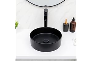 IKEBANA 14"x14" Round Bathroom Vessel Sink Black, Small Bathroom Sinks Modern Above Counter Ceramic Countertop Vessel Vanity Sink, Lavatory Vanity Art Basin, Countertop Bathroom Sink