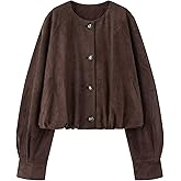 Ainangua Women's Faux Suede Button Bomber Jacket Oversized Gathered Hem Short Coat Casual Cropped Leather Jacket Outerwear