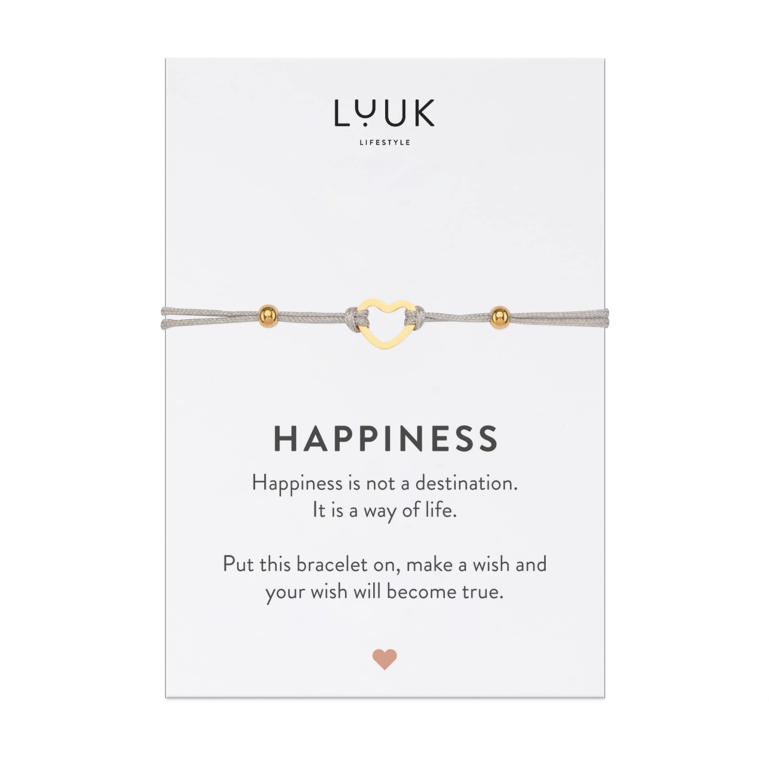 LUUK LIFESTYLE Textile filigree bracelet with heart pendant and HAPPINESS card, lucky travel charm, gift idea for girlfriend, fiancée, Valentine's Day, lucky charm, birthday, women's accessory, gold