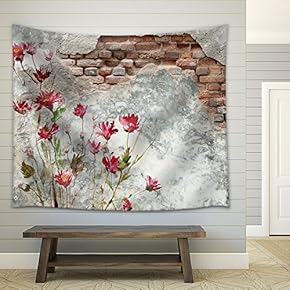 Brick Wall with Flower Painting on It - Fabric Wall Tapestry Home Decor - 51x60 inches