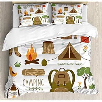 Ambesonne Adventure Duvet Cover Set Camping Equipment Sleeping Bag Boots Campfire Shovel Hatchet Log Artwork Print Decorative 3 Piece Bedding Set