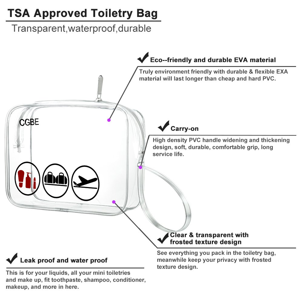 CGBE TSA Approved Toiletry Bag With Handle Quart Size Travel Bags For Toiletries Carry On Cosmetic Makeup Pouch 3PCS (Clear) : Beauty