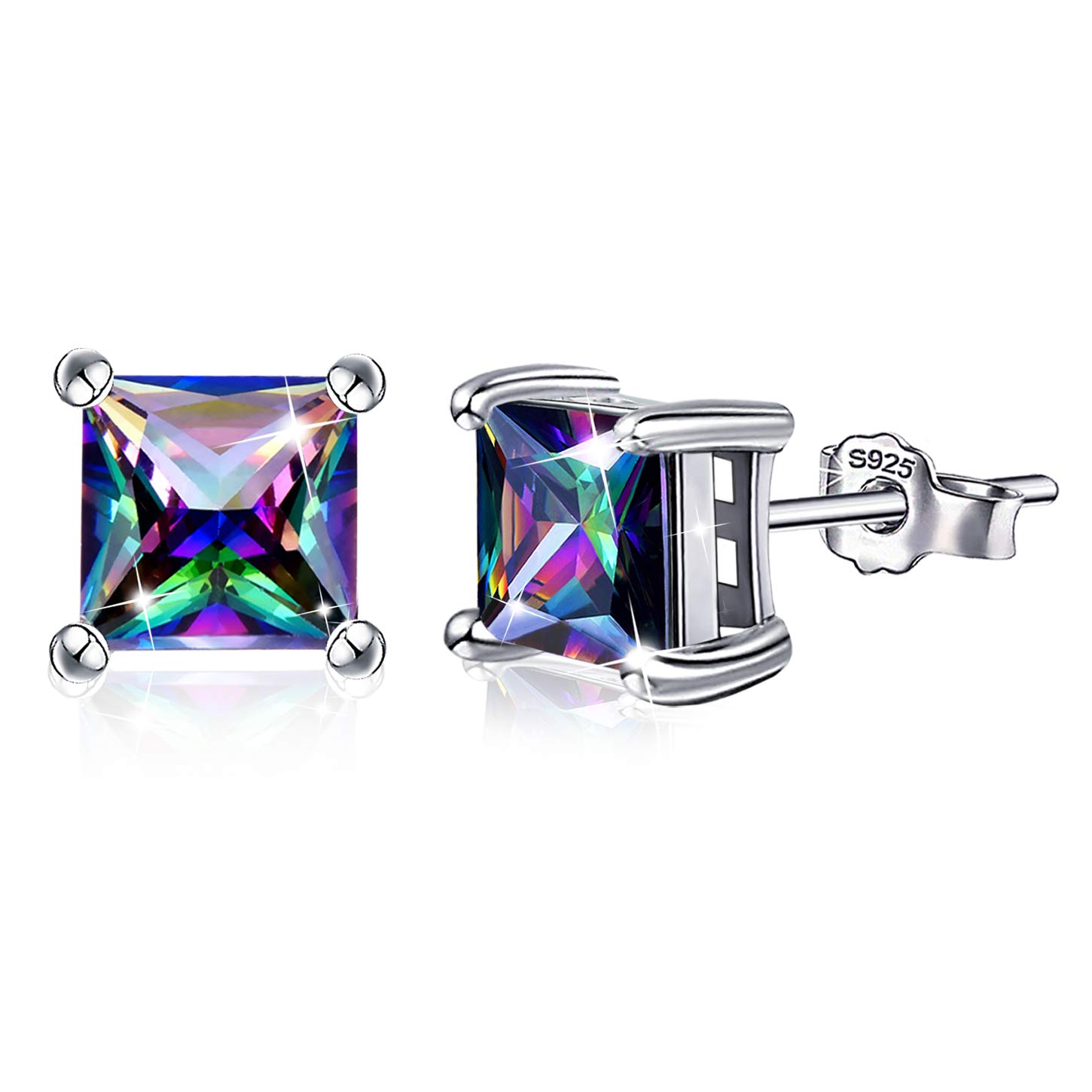 Colorful Cubic Zirconia Stud Earrings - Sterling Silver Hypoallergenic Round Square CZ Studs Earrings for Women Girls, 7MM