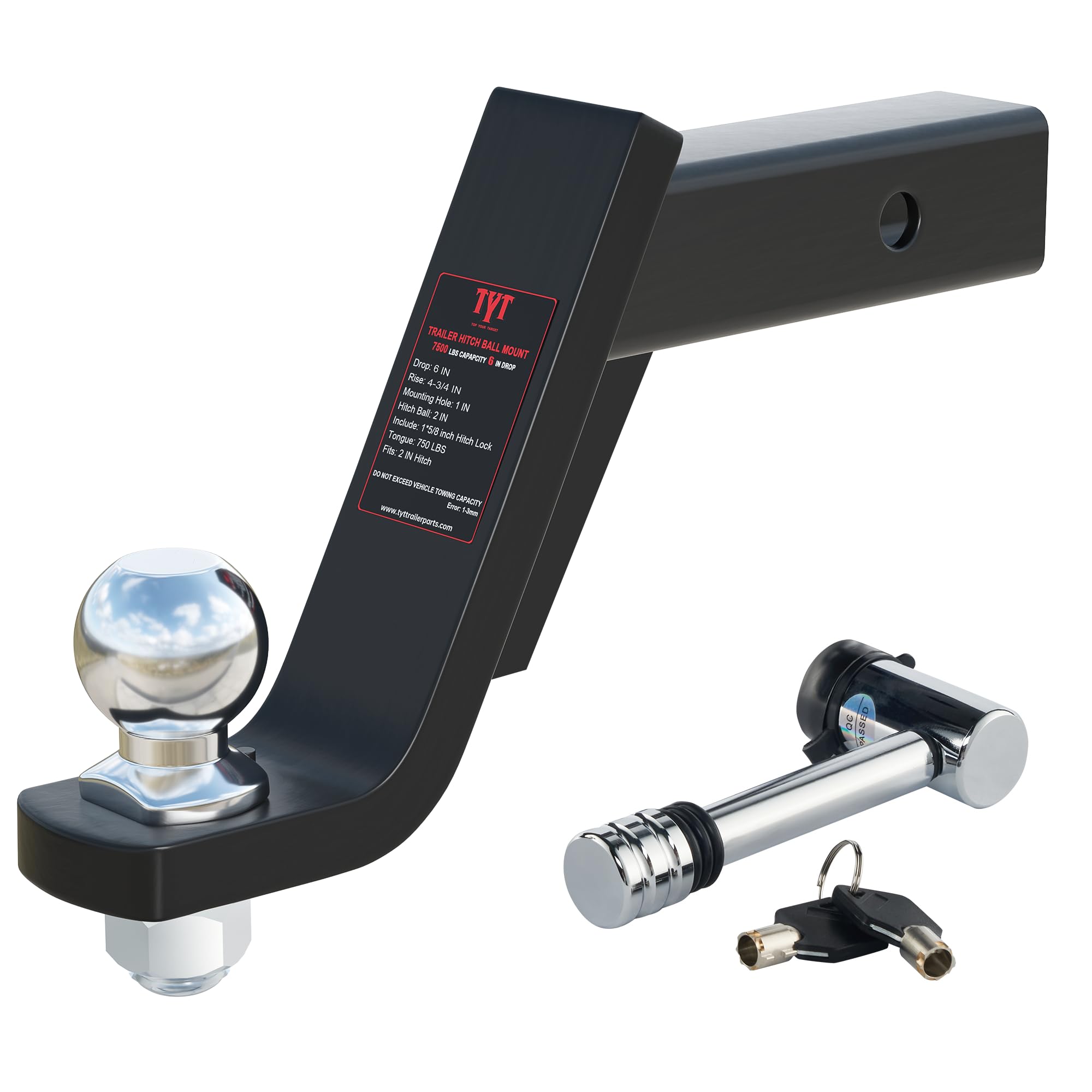 TYT Trailer Hitch Mount with 2" Chrome Ball&Lock, Fits 2-in Receiver, 7,500 lbs (6-Inch Drop) Image