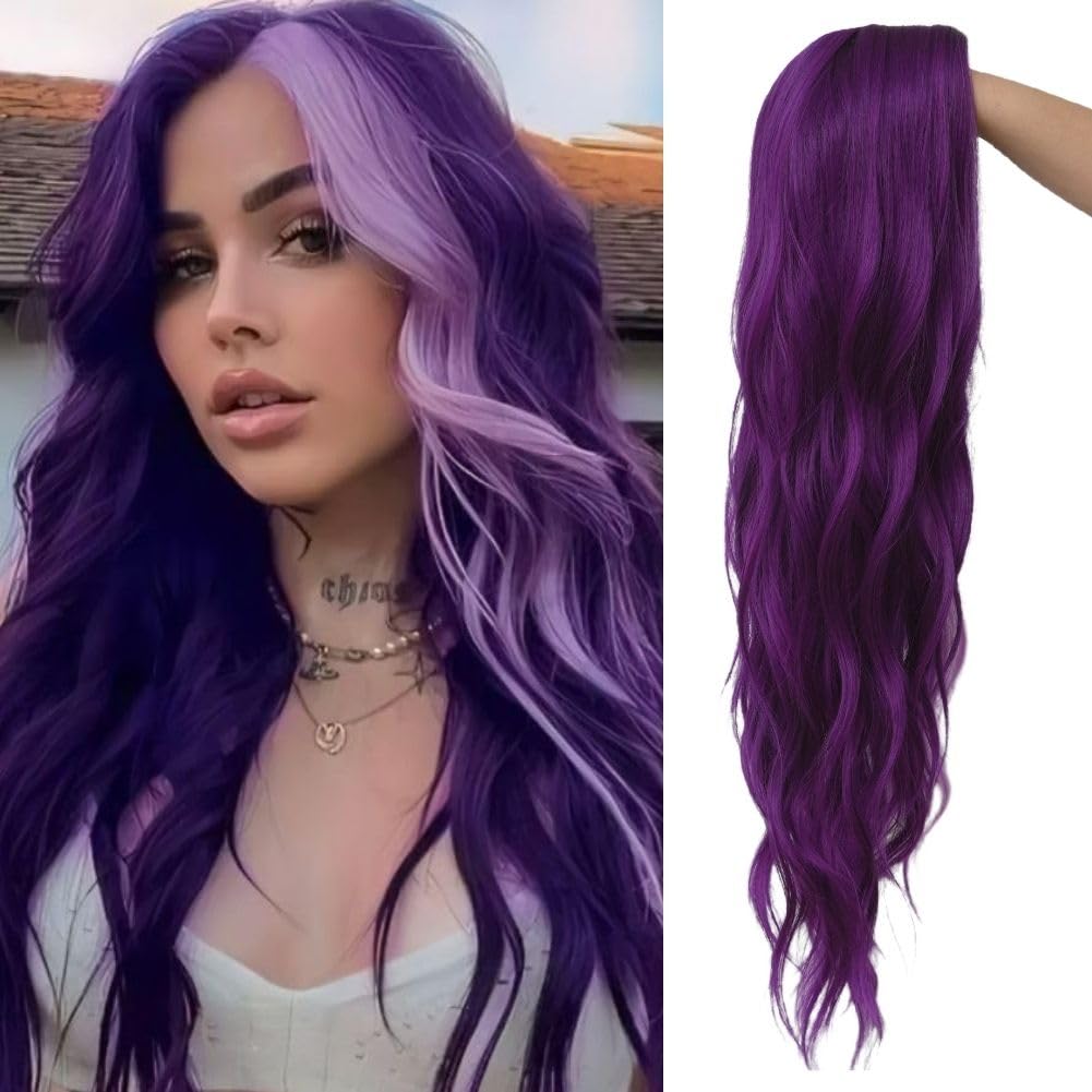 Siudus Purple Long Curly Wavy Wigs for Women Middle Part Natural 28 Inch Hair Wig Heat Resistant Fiber for Cosplay Costume Halloween Use