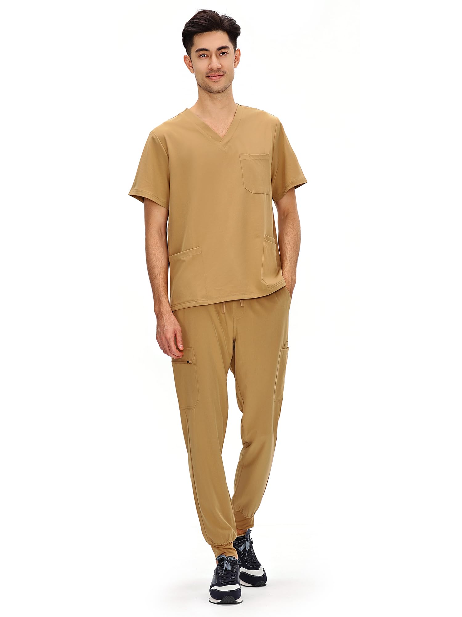 COZYFIT Scrubs for Men - 4 Pockets V-Neck Scrub Top and 7 Pockets Jogger Pants Mens Scrubs Set, Khaki, XL Image