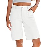 LookbookStore Bermuda Shorts for Women Cotton Knee Length High Waisted Elastic Waist Summer Dressy Casual Long Shorts