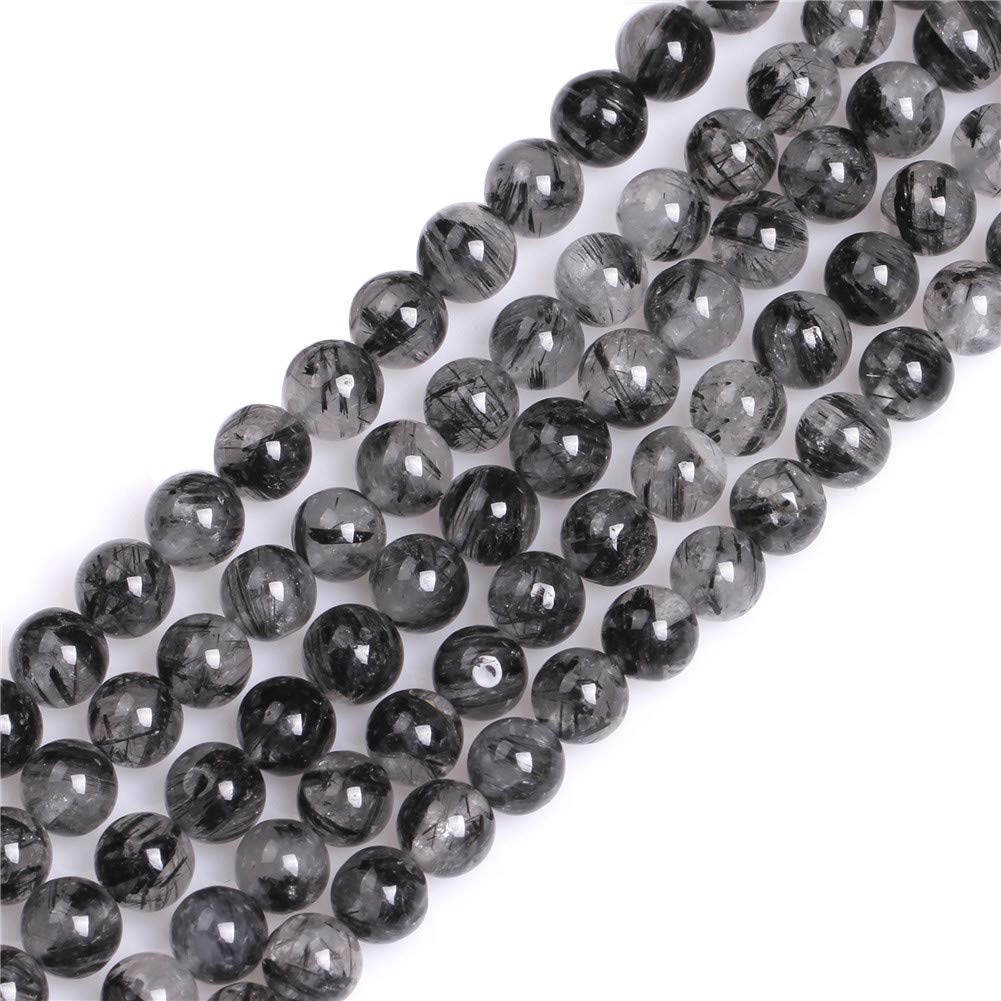 GEM-Inside AA+ Grade 8mm Black Rutilated Quartz Round Gemstone Semi Precious Loose Beads for Jewellery Making 15''