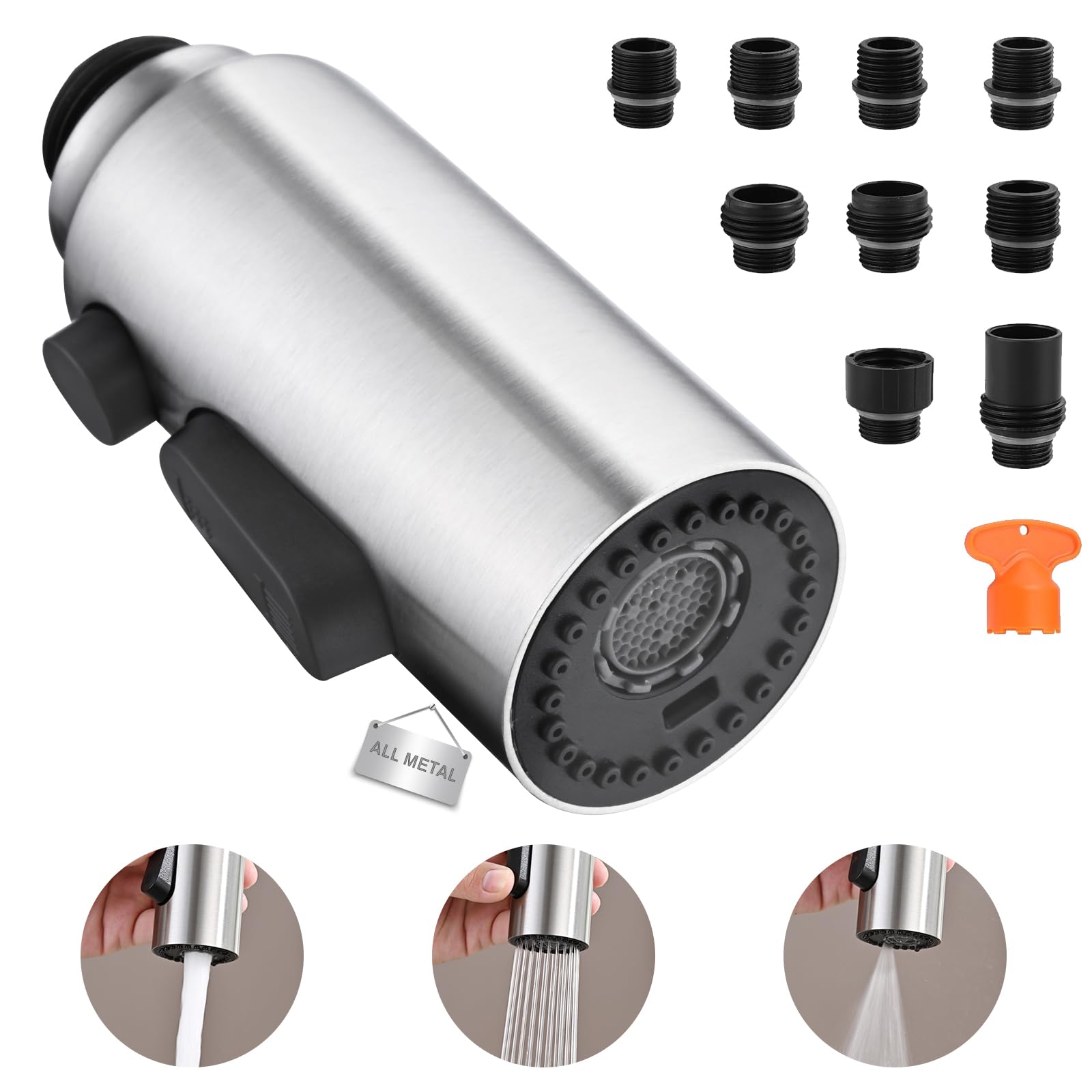 Photo 1 of Metal Kitchen Faucet Head Replacement, 3-Function Sink Faucet Head High Pressure, Pull Down Kitchen Sink Sprayer Replacement with 9 Adapters Compatible with American Standard, Brushed Nickel