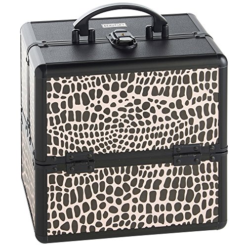 Beautify Cosmetic Organizer Case - 10" Professional Aluminum Makeup Storage Box (Black Crocodile Print Beauty Train Case with Lock)
