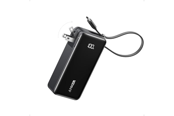 Anker 3-in-1 Portable iPhone Charger, 10,000mAh Power Bank with Built-in USB-C Cable and Foldable AC Plug, 30W Max Compact Battery Pack, Travel Essentials for iPhone 15 series, Galaxy, MacBook