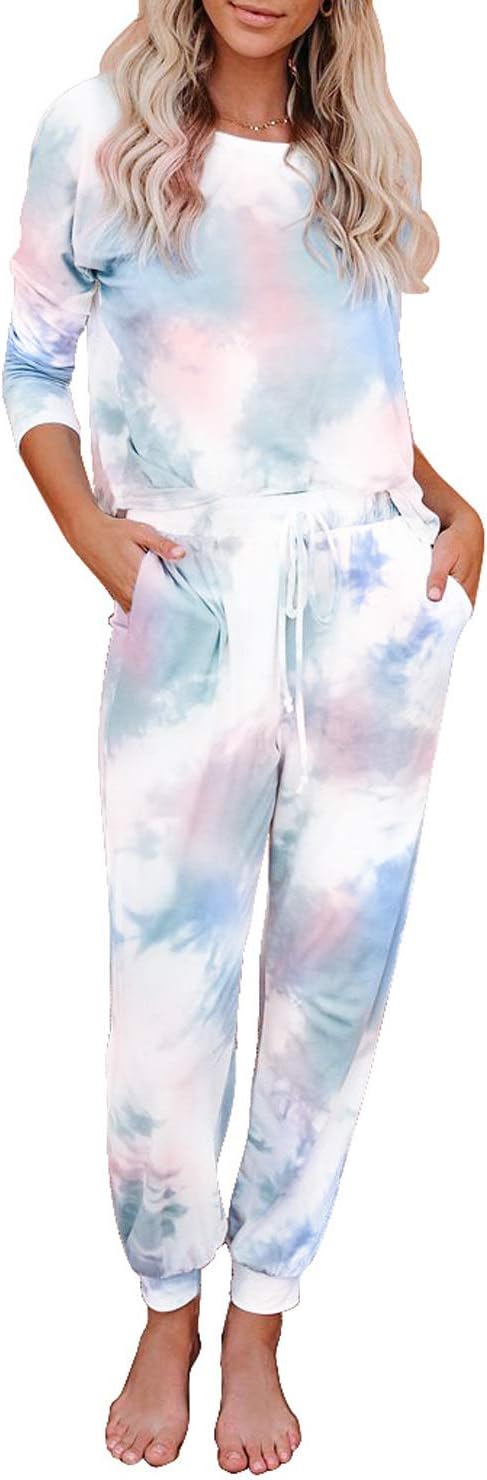Women Tie Dye Printed Pajamas Set Crewneck Long Sleeve Tee and Jogger Pants PJ Set