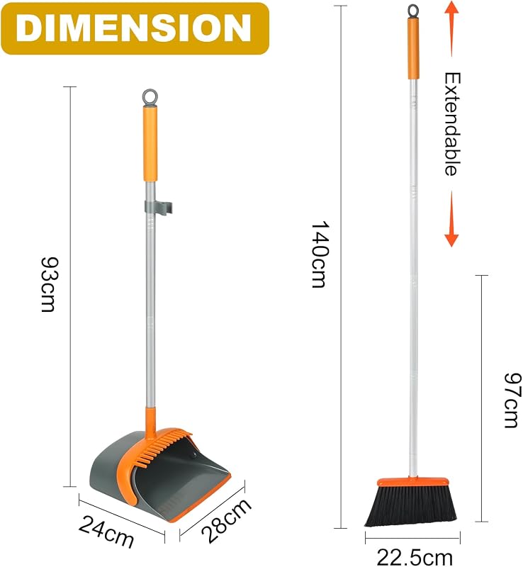 Set mit Besen und Kehrschaufel, ideal für eine effektive Reinigung zu Hause, 137 cm langer Griff (orange und grau)